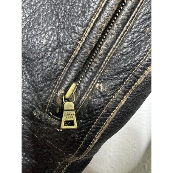 Vintage ANDREW MARC Distressed Genuine Leather Men’s Jacket Lined Sz S Moto Hood - Picture 4 of 16
